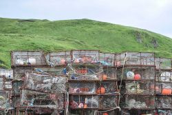 Crab traps with associated gear at Dutch Harbor. Image
