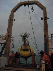 FOCI (Fisheries Oceanography Coordinated Investigations) buoy mooring operations off the NOAA Ship MILLER FREEMAN. Image