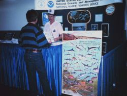 Marty Golden, NMFS Pacific Recreational Fisheries Coordinator, conducting angler education outreach at the Fred Hall Fishing Tackle and Boat Show. Image