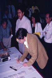 Fishermen, scientists, and shrimp farmers sign up for a Corpus Christi, Texas, workshop on shrimp aquaculture. Image
