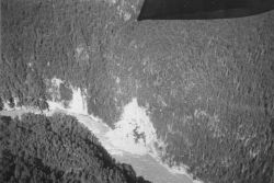 Devils Canyon on the upper Susitna River showing one block (landslide) to upstream migration of salmon. Image