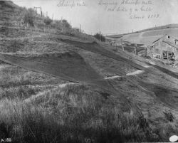 Drying shrimp nets out side on a hill, about 1889, CA. Image