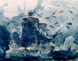 Artist's conception of Tektite I habitat with working divers in water Image