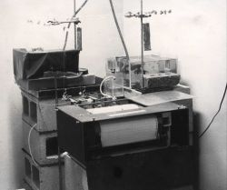 Apparatus used in recording shell movement and pumping rate of oysters in the Galveston sea water laboratory. Image