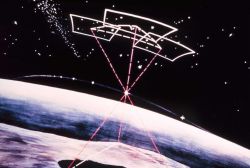 Diagram showing conceptual photographs of satellite versus star background would appear from three different locations on the surface of the earth Image