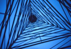 Looking up the inside of a Bilby tower to the bottom of the observing platform. Image