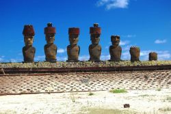 Moai with red topknot hats at Anakena Ahu Na Image