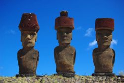 Moai with red topknot hats at Anakena Ahu Na Image