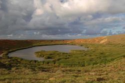 A crater lake and marshland in a volcanic cone. Image