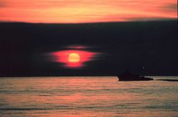A gulf crew boat silhouetted in a Gulf of Mexico sunset Image