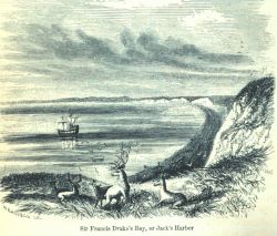 Fanciful view of Drake's Bay with the Drake's vessel, the GOLDEN HIND, at anchor Drake sailed on the California coast in 1577 Image