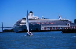 A cruise ship tied up on the San Francisco waterfront. Image