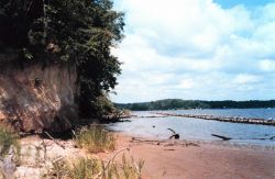 Efforts to preserve shoreline along the Severn River include installation of segmented jetties to diffuse wave energy. Image