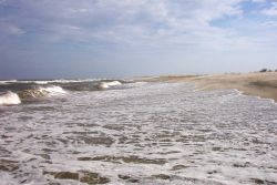 A foam flecked wave runs up on the Cape Hatteras shore. Image