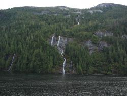 A whole school of waterfalls running to the sea. Image