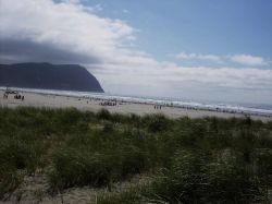 Looking over the dune line to a northern Oregon beach on a cool July day. Image