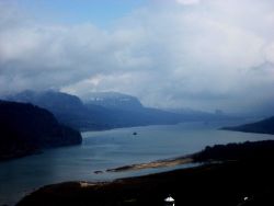 Looking up the Columbia River in the Columbia River Gorge. Image