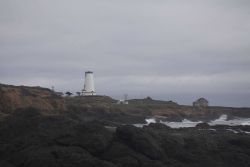 Looking to the south at the renovated Piedras Blancas Lighthouse from the rocky shoreline. Photo