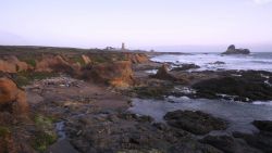 Looking south to the Point Piedras Blancas lighthouse over the shoreline at a medium tide Photo