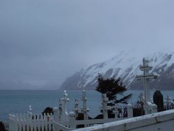 Crosses at the Russian Orthodox Cemetery at Dutch Harbor on a gray and wintery day. Image