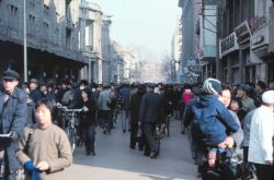 Citizens crowding an urban street: bikes, pedestrians, but no cars. Image