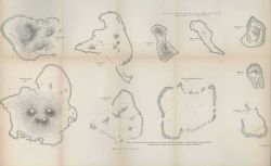Chartlets showing various stages of atoll development accompanying Charles Darwin's 1874 edition of 