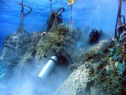 Divers engaged in cutting net debris for floating to surface and transporting back to contract vessel CASITAS. Image