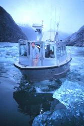 Lieutenant Mark Wetzler, the RAINIER Navigation Officer, takes a look from the bow of RA-2 while threading its way through the ice Image