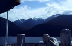 Looking off the bridge wing of the NOAA Ship FAIRWEATHER somewhere in Alaskan waters. Image