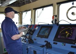 Lieutenant Commander Chris Van Westendorp, on loan from the NOAA Ship THOMAS JEFFERSON, during shakedown cruise on the NOAA Ship FERDINAND R Image