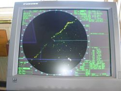 Radar display of mid-ocean phenomena marking boundary between two water masses. Image