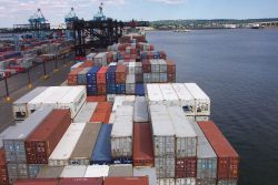 Looking forward from the bridge of the SEALAND COMMITMENT at Port Elizabeth container terminal. Image