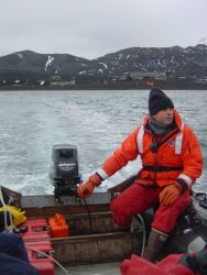 Returning to the Russian charter research vessel YUZHMORGEOLOGIYA from a shore camp Image
