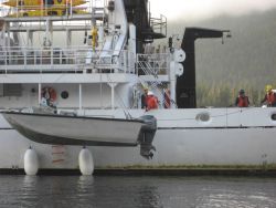 Launching small workboat on NOAA Ship FAIRWEATHER. Image