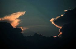 Twin cumulonimbus clouds with anvils at sunset Photo