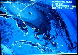 Visible spectra satellite image of Hurricane Hugo on September 21, 1989 At 6:00 P.M EDT, Hugo had now strengthened explosively to a Category 4 Tropica Image