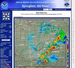 Doppler radar composite showing tornado warnings in NW Arkansas and south central Missouri. Image