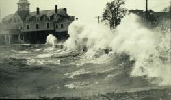 Waves batter the seawall at Woods Hole during the 1938 hurricane. Image