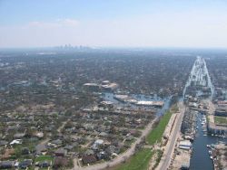 Views of inundated areas in New Orleans following breaking of the levees surrounding the city as the result of Hurricane Katrina. Image