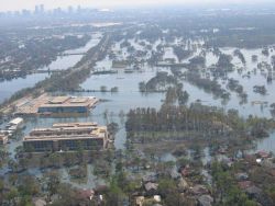 Views of inundated areas in New Orleans following breaking of the levees surrounding the city as the result of Hurricane Katrina. Image