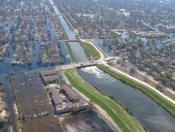 Views of inundated areas in New Orleans following breaking of the levees surrounding the city as the result of Hurricane Katrina. Image