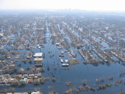 Views of inundated areas in New Orleans following breaking of the levees surrounding the city as the result of Hurricane Katrina. Image