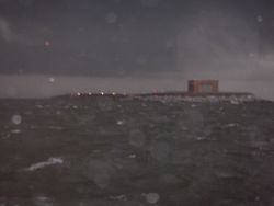 View of the north end of the Chesapeake Bay Bridge Tunnel from survey launch 3102 while in the midst of a thunderstorm. Image