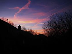 Jet contrails at sunset. Photo