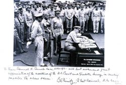 Copy of Admiral Chester Nimitz signing Japanese surrender document at the end of World War II Image