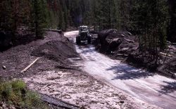 Work crew clearing mudslide in Gibbon Canyon - Erosion/Geology Image