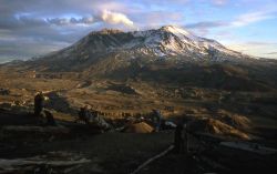 Venting new dome at Mt St Helens at sunset as seen from Johnston Ridge Image