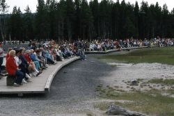 Crowd waiting for eruption of Old Faithful Geyser Image