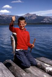 Young boy kneeling on dock, holding up two trout on stringer Image