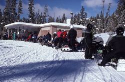 Snowmobiles lined up for gas at Canyon YPSS (Yellowstone Park Service Stations) in the winter Photo